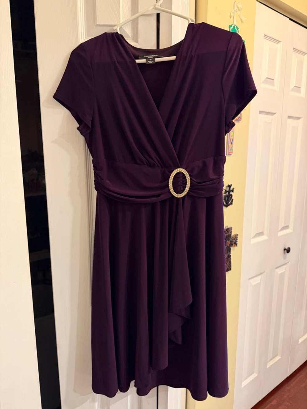 R&M Richards Plum Short-Sleeve Faux-Wrap Midi Dress with Decorative Buckle